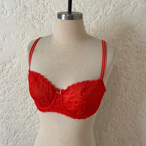 Chantelle Merci Demi Bra 32DD Orange /Red Sheer Lace Floral Underwire Worn 1x - Picture 4 of 10